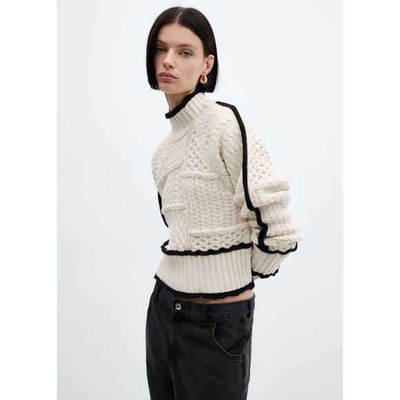 MANGO Cable-Knit Sweater With Contrasting Trim Off White - S - Picture 1 of 7